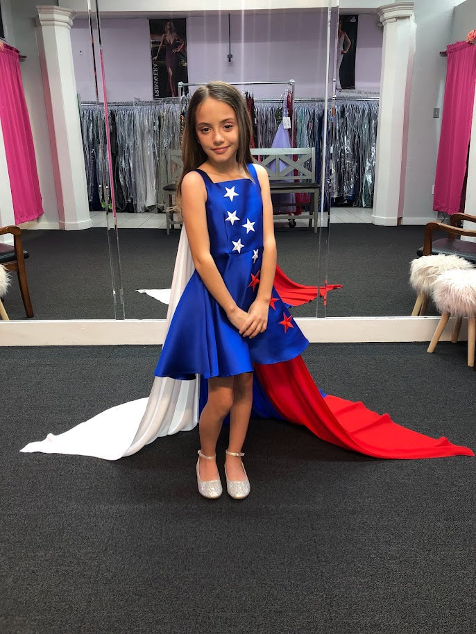 Marc Defang 5030 Size 12 Red White & Blue Girls Pageant Fun Fashion Cape Detachable