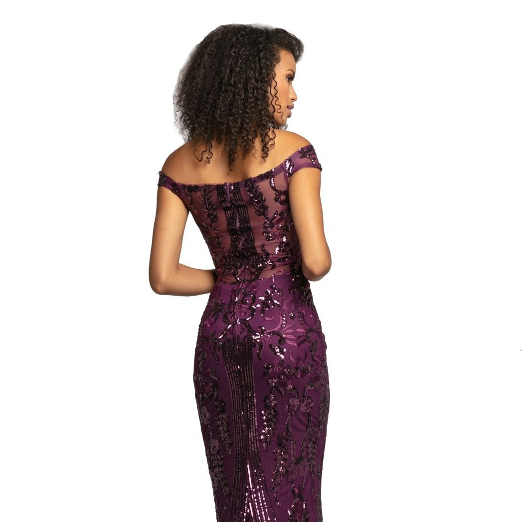 Johnathan Kayne 2064 Size 14 Plum Fitted Sequin Off Shoulder Prom Dress Pageant Gown