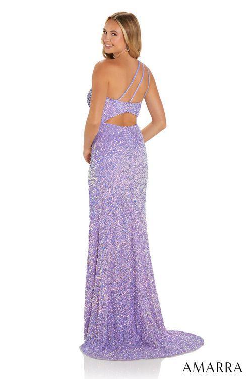 Amarra 94105 Long fitted One Shoulder Prom Dress Slit Cutout Back Formal Gown A design that exudes glamour and luxury. Meet AMARRA 94105, a one-shoulder design that’s sure to grab attention. The sequin fabric is luxurious and the one-shoulder design is flattering and eye-catching. 