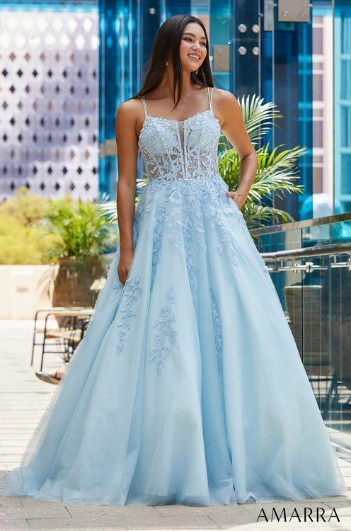 Amarra 88609 Shimmer Ballgown Sheer Lace Corset Backless Prom Dress Pockets V Neck A prom gown with the perfect mix of romantic and classy. Meet AMARRA 88609. This dress has a tulle and lace ball gown with rhinestones and a corset bodice that’s sure to dazzle the crowd. The lace-up back adds even more allure, while still creating a modest look. 