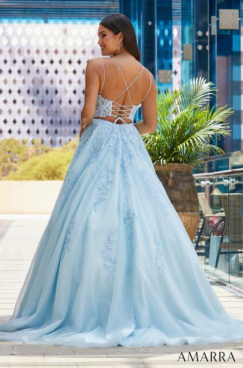 Amarra 88609 Shimmer Ballgown Sheer Lace Corset Backless Prom Dress Pockets V Neck A prom gown with the perfect mix of romantic and classy. Meet AMARRA 88609. This dress has a tulle and lace ball gown with rhinestones and a corset bodice that’s sure to dazzle the crowd. The lace-up back adds even more allure, while still creating a modest look. 