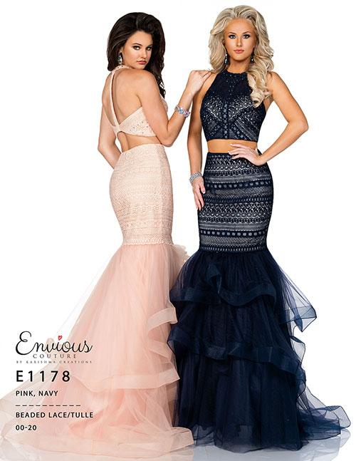 Envious Couture E1178   Two piece mermaid Vintage Lace Crochet style high neckline racer back. Trumpet skirt with layered ruffle prom dress with beaded lace and tulle