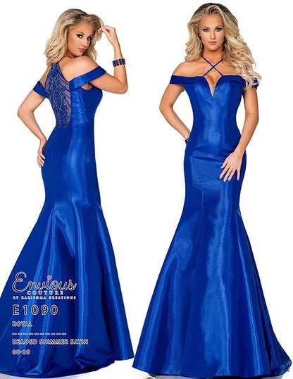 Envious Couture E 1090 Royal Size 0, 4, 8, 10 Prom Dress Pageant Gown  A classic style mermaid prom dress that features criss cross straps at the neckline with a beautifully designed back and off the shoulder straps.