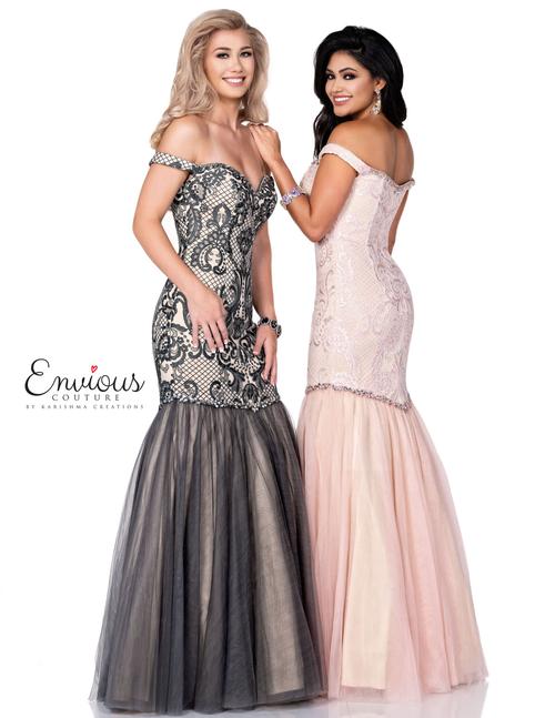 Envious Couture by Karishma Creations E1007   off the shoulder sweetheart neckline mermaid prom dress evening gown Lace applique embellished. Trumpet Mermaid Skirt 1007  Available Size: 0  Available Color: Charcoal