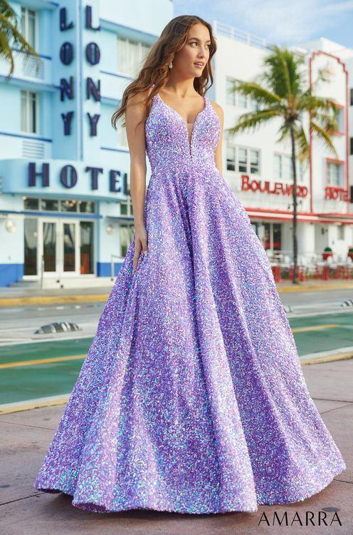 Amarra 88625 Long Velvet Sequin Ballgown Prom Dress Corset Formal Gown Pockets A Line Velvet sequin ballgown with a plunging V neckline, lace up back, and pockets  Sizes: 00-20   Colors: Black, Lilac, Navy, Red, Royal Blue
