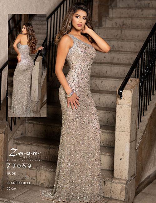 Zasa Chic by Karishma Creations z 2069 Nude Size 00 Prom Dress Pageant Gown One shoulder strap fully beaded sequin evening gown prom dress 