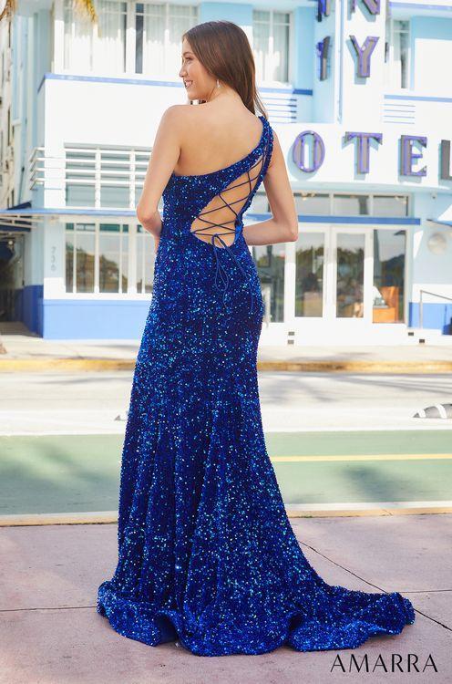 Amarra 88551 Long Fitted Sequin One Shoulder Slit Prom Dress Backless Corset Formal Gown If you’re looking for a fabulous prom look, AMARRA 88551 is a must-have. The dazzling sequin gown features a one-shoulder design, with a lace-up back and a slit skirt. This prom dress will dazzle your date and make you feel like royalty on the dance floor as the sequins dance in the light with every move you make.