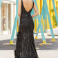 Amarra 88513 Long Fitted Sheer Sequin Feather Prom Dress Slit Formal Evening Gown Get ready to fall in love with AMARRA 88513. This lovely machine-embroidered sequin gown features a deep v-neckline and feather embellished skirt slit, perfectly complementing by a plunging v-neckline in the back. The skirt has a slit at the front for eye catching movement and features feathers for added drama.
