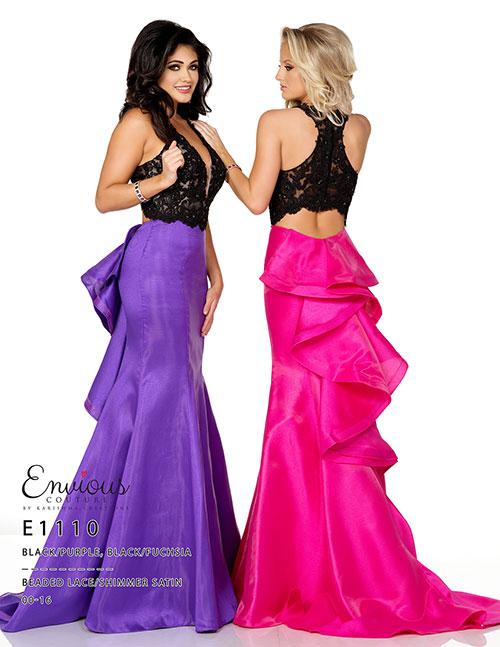 Envious Couture E1110  Black/ Fuchsia   Beaded lace bodice with shimmer satin mermaid ruffle skirt prom dress   Envious Couture style 1110 