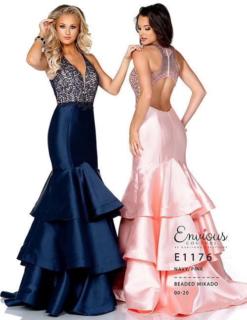 Envious Couture E1176 Pink, Navy Sizes 00-20  Mermaid prom dress with beaded mikado. Perfect for Military Ball.   Envious Couture style 1176 