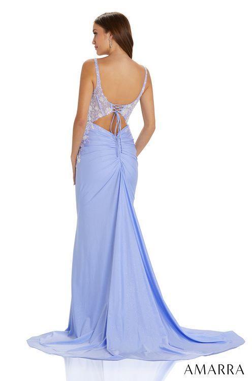 Amarra 88572 Long Fitted Shimmer Sheer Sequin Corset Prom Dress Slit Ruched Formal Gown Are you looking for a glamorous gown to dazzle in? AMARRA 88572 is the dress of your dreams. This stunning prom dress features a fitted bodice with a sheer square neckline and lace-up back, a demure slit skirt, and a machine sequin floral design. If you’re the girl who wants to stand out effortlessly on prom night, this stunning beauty is the perfect way to do it.