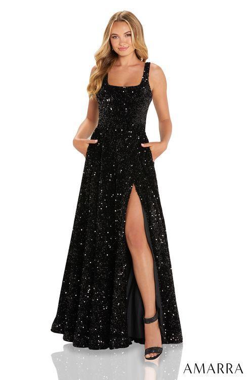 Amarra 88652  Long A line sequin Maxi Slit Prom Dress Scoop neck Formal Gown Sparkle through the night and be the star of the show with AMARRA 88652. This velvet sequin ball gown is perfect for the girl who loves to be in the spotlight. The velvet fabric is luxurious and comfortable, and the sequin detailing adds a glamorous, alluring touch. 
