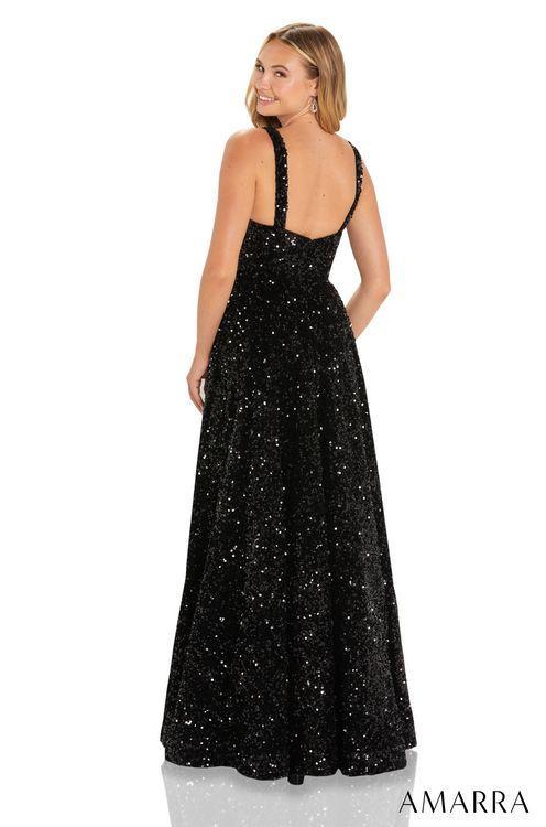 Amarra 88652  Long A line sequin Maxi Slit Prom Dress Scoop neck Formal Gown Sparkle through the night and be the star of the show with AMARRA 88652. This velvet sequin ball gown is perfect for the girl who loves to be in the spotlight. The velvet fabric is luxurious and comfortable, and the sequin detailing adds a glamorous, alluring touch. 