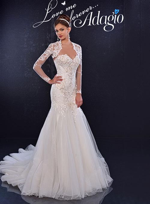 Adagio Bridal W9244 Ivory Size 16  Fabric: LACE/TULLE  Sweetheart neckline fitted lace wedding gown, with a fit and flare tulle skirt and a long train. Wedding Dress Bridal Gown