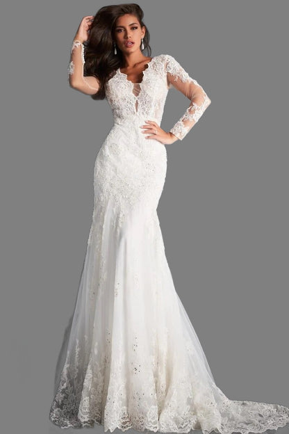 Jovani Bridal JB02579 size 8 Long Sleeve Lace Mermaid Wedding Dress Backless V Neck Jovani Bridal JB02579 size 8 Long Sleeve Lace Mermaid Wedding Dress Backless V Neck