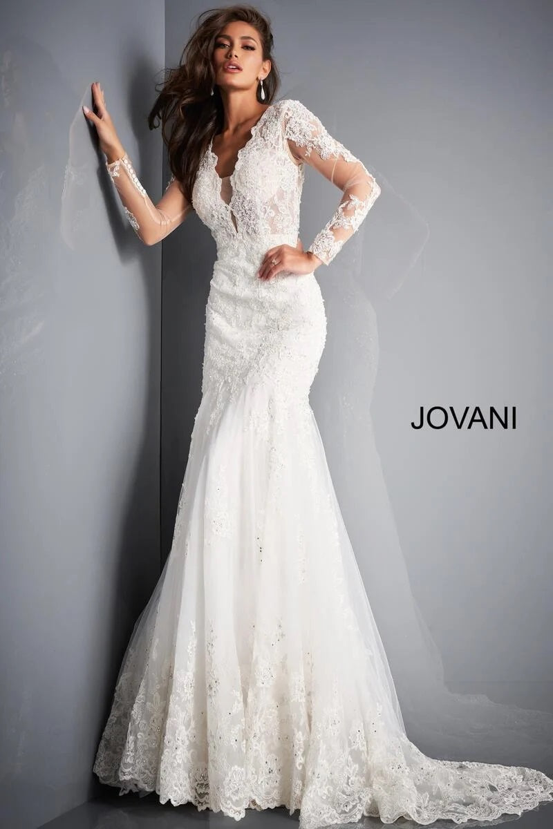 Jovani Bridal JB02579 Long Sleeve Lace Mermaid Wedding Dress Backless V Neck  Available Sizes: 00-24  Available Colors: Ivory