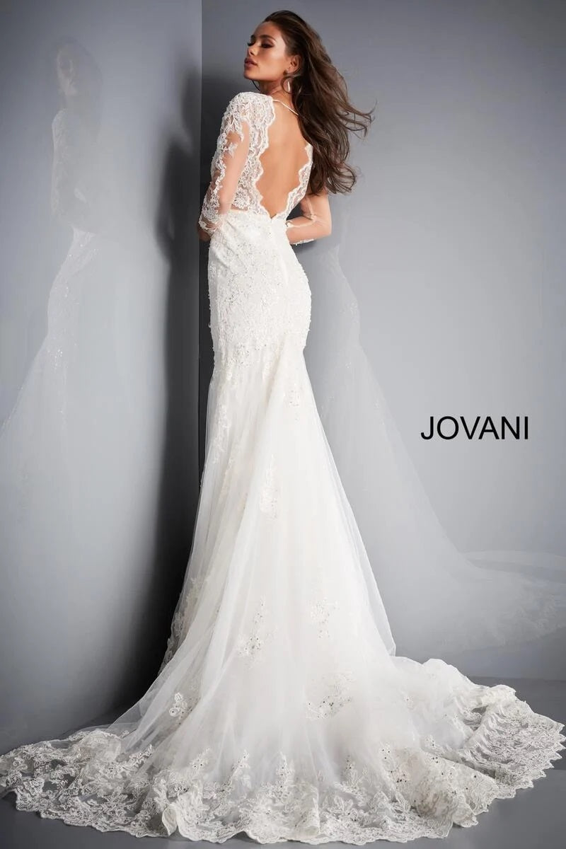 Jovani Bridal JB02579 Long Sleeve Lace Mermaid Wedding Dress Backless V Neck  Available Sizes: 00-24  Available Colors: Ivory