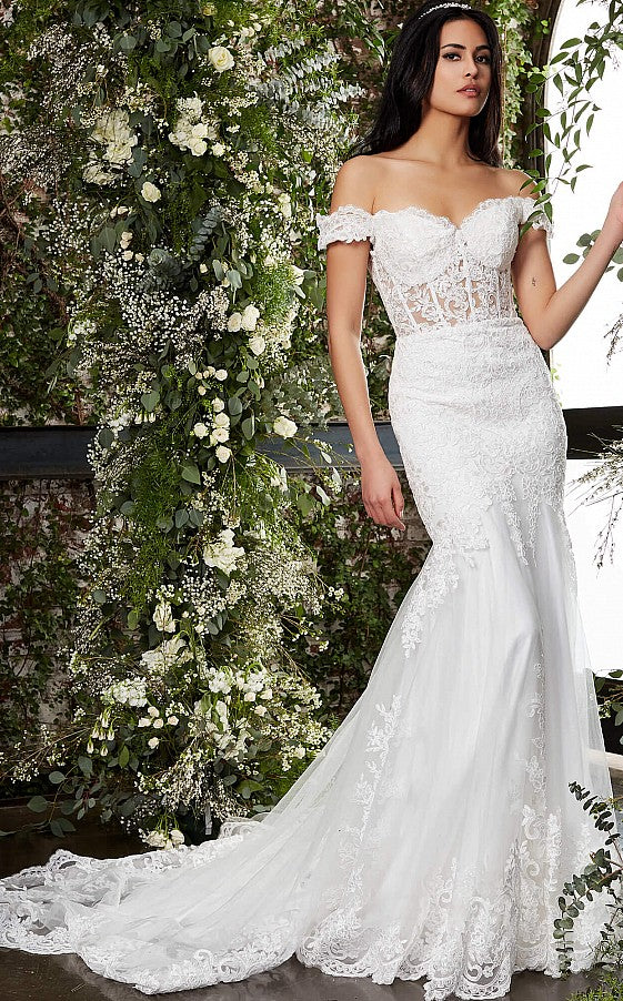 Jovani Bridal JB07161 Lace Sheer Corset off the shoulder Wedding Dress Fit & Flare Gown sweetheart neckline with scalloped lace trim and sweeping train.  Available Sizes: 00-24  Available Colors: Ivory