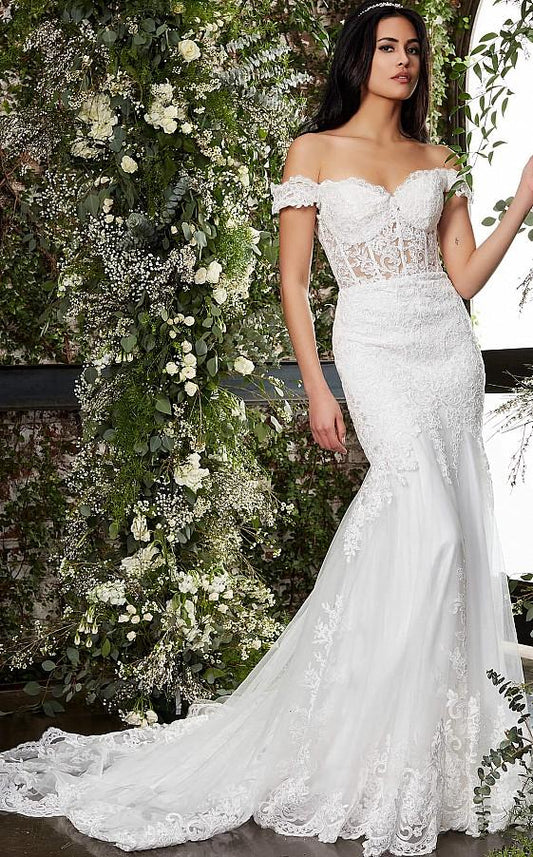 Jovani Bridal JB07161 Lace Sheer Corset off the shoulder Wedding Dress Fit & Flare Gown sweetheart neckline with scalloped lace trim and sweeping train.  Available Sizes: 4  Available Colors: Ivory