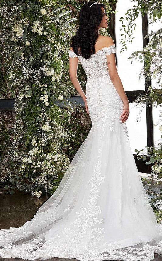 Jovani Bridal JB07161 Lace Sheer Corset off the shoulder Wedding Dress Fit & Flare Gown
