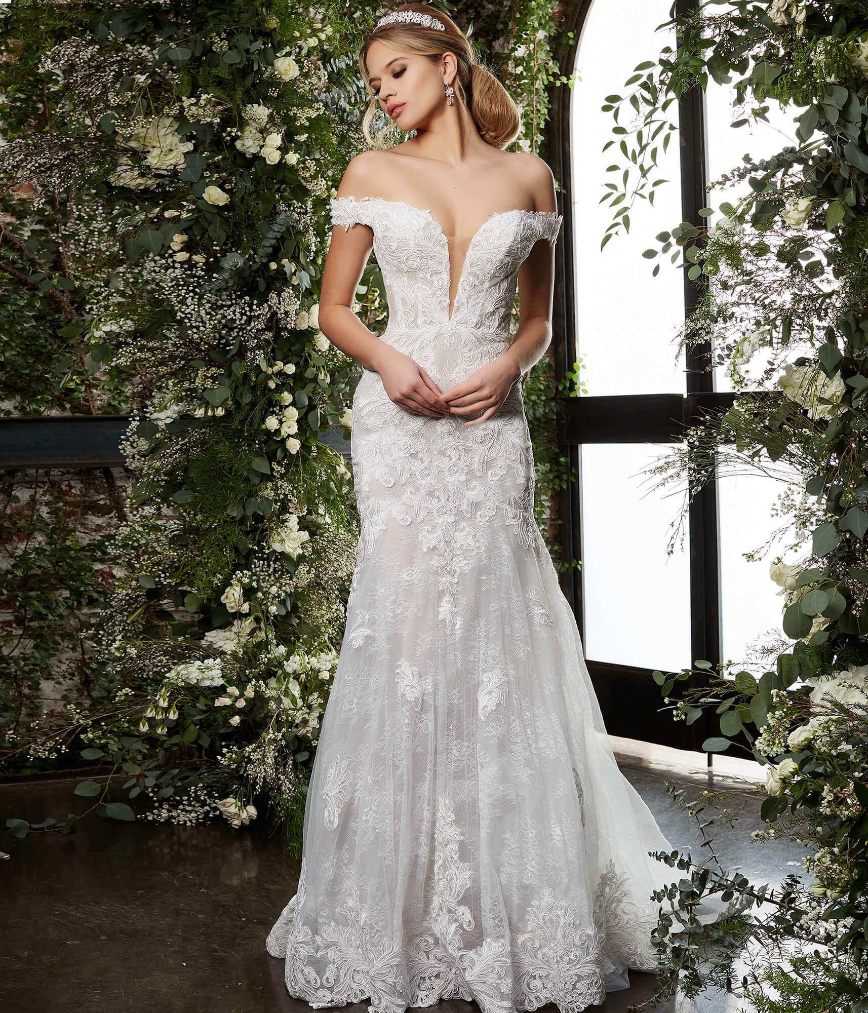 Jovani Bridal JB07266 Size 2 Long Sheer Lace V Neck Mermaid Wedding Dress Off The Shoulder