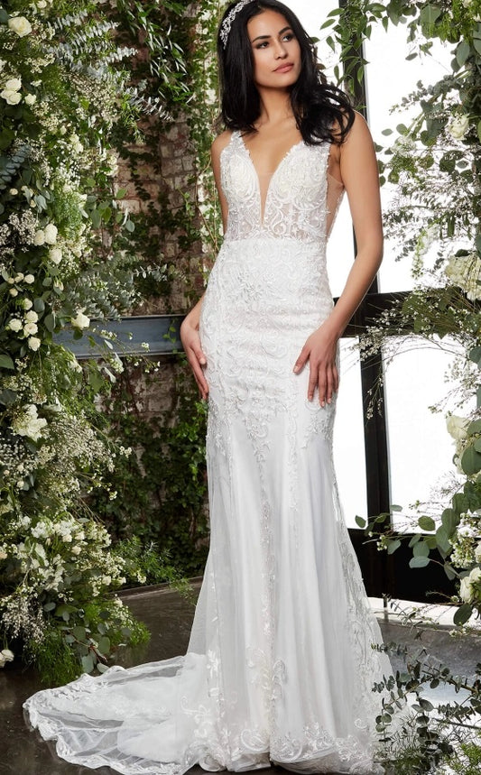 Jovani JB07385 Long Fitted Sheer V Neck Lace Wedding Dress Train Embroidered  Available Sizes: 00-24  Available Colors: Ivory