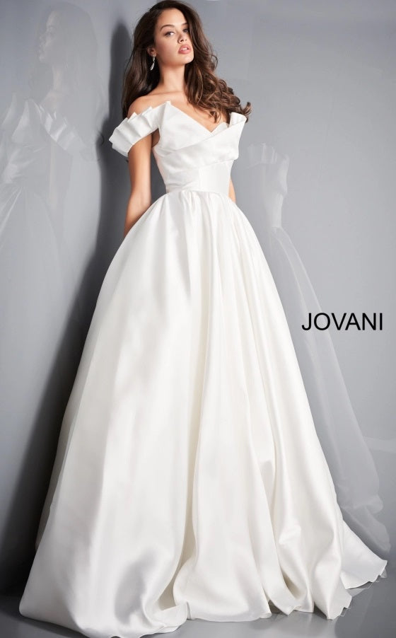 Jovani Bridal JB2500 Ivory Pleated A Line Ruffle Off the Shoulder Wedding Dress  Available Sizes: 00-24  Available Colors: Ivory