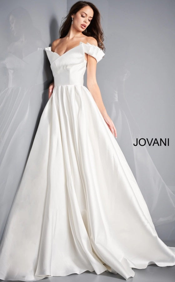 Jovani Bridal JB2500 Ivory Pleated A Line Ruffle Off the Shoulder Wedding Dress  Available Sizes: 00-24  Available Colors: Ivory
