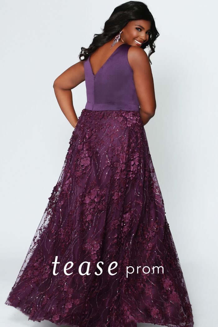  TE 1952  Be red carpet ready in this striking and sophisticated evening gown! Perfect for Prom, the mother of the bride, and more, this purple color translate well across seasons. Purple sequin waves compliment floral decals and embroidery. V-neckline with plum mesh with bra-friendly straps and sleeveless design looks timelessly beautiful. Bring an air of sophistication to the room with this sultry look.