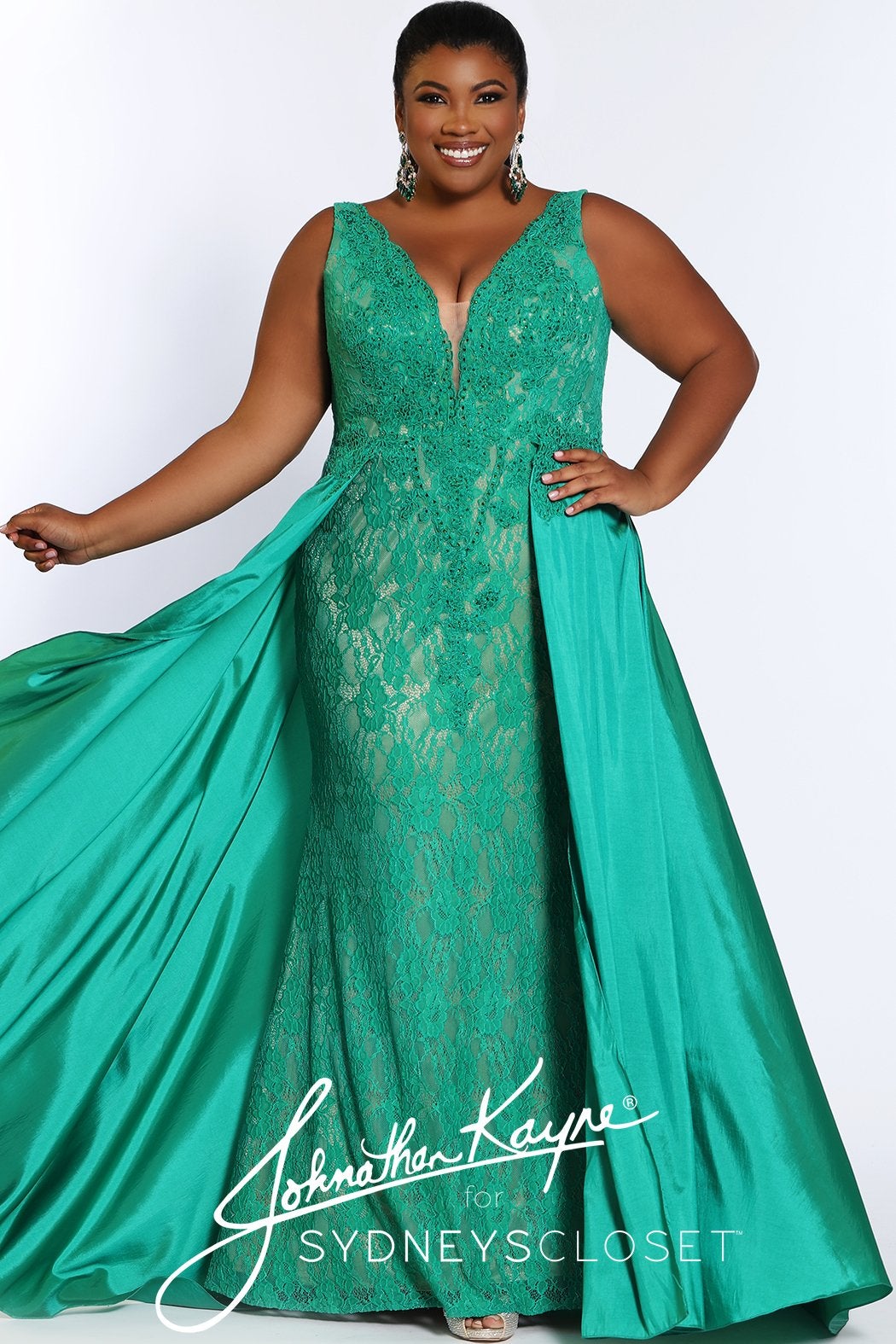 Johnathan Kayne for Sydneys Closet JK2016 Stingray halter neckline fitted lace plus size prom dress with flowy taffeta over skirt JK 2016 Evening gown pageant gown, wedding dress  Available colors:  Ruby Red/Nude, Emerald Green/Nude, Onyx/Nude, Fuchsia/Fuchsia, Ivory/Nude  Available sizes:  14-24 