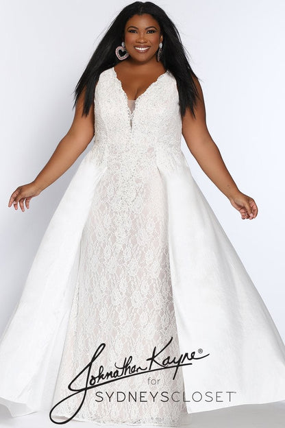 Johnathan Kayne for Sydneys Closet JK2016 Stingray halter neckline fitted lace plus size prom dress with flowy taffeta over skirt JK 2016 Evening gown pageant gown, wedding dress  Available colors:  Ruby Red/Nude, Emerald Green/Nude, Onyx/Nude, Fuchsia/Fuchsia, Ivory/Nude  Available sizes:  14-24 