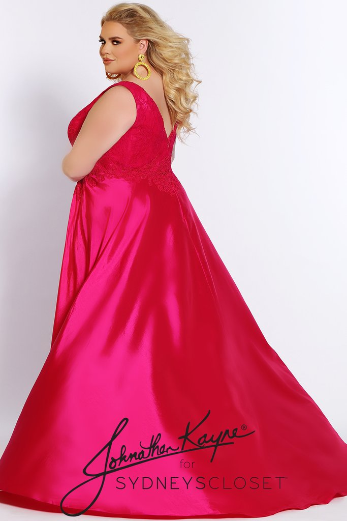 Johnathan Kayne for Sydneys Closet JK2016 Stingray halter neckline fitted lace plus size prom dress with flowy chiffon over skirt  Evening gown pageant gown  Available colors:  Ruby Red/Nude, Emerald Green/Nude, Onyx/Nude, Fuchsia/Fuchsia, Ivory/Nude  Available sizes:  14-24 
