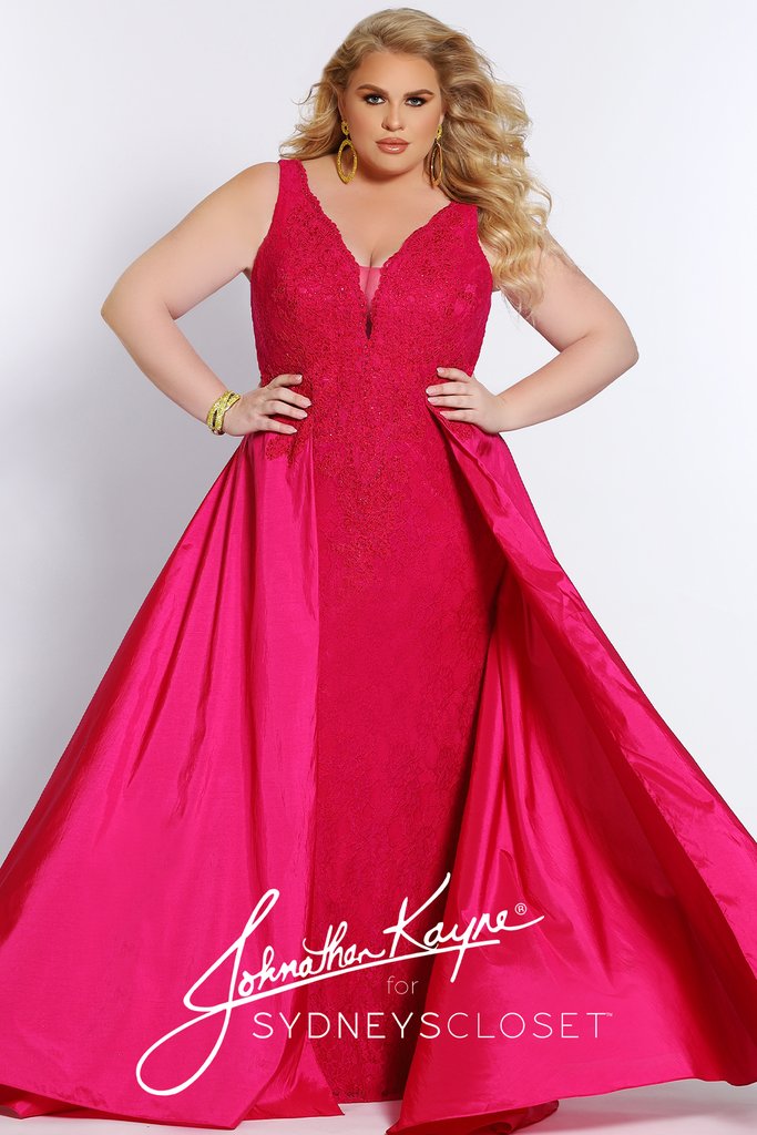Johnathan Kayne for Sydneys Closet JK2016 Stingray halter neckline fitted lace plus size prom dress with flowy chiffon over skirt  Evening gown pageant gown  Available colors:  Ruby Red/Nude, Emerald Green/Nude, Onyx/Nude, Fuchsia/Fuchsia, Ivory/Nude  Available sizes:  14-24 