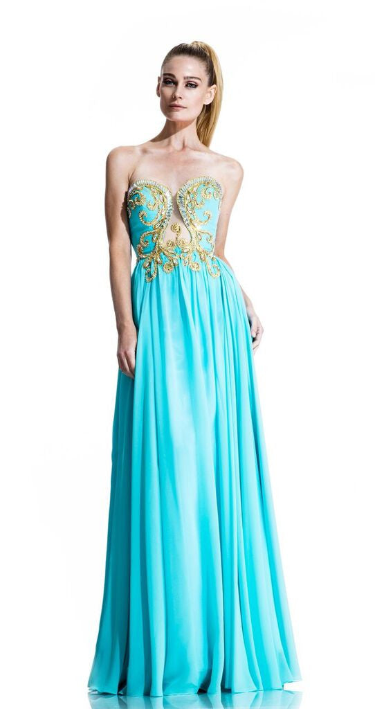 Johnathan Kayne 502 pageant dress For the romantic at heart, this classic chiffon silhouette outshines with a bodice fit for a princess. Clear glass crystals and gold embroidery scroll around this alluring bodice that scoops down into a tear drop mesh cutout.  Evening gown Prom Dress