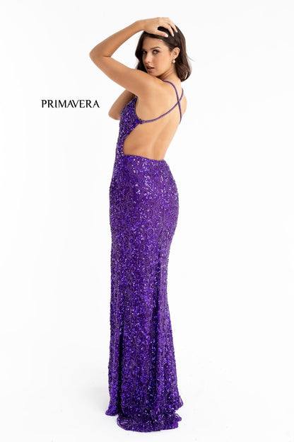 Primavera Couture 3295 Size 0, 4, 8 Ivory Prom Dress V Neckline Sequins Backless Slit Formal Evening Gown