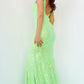 Jovani 3263 neon green evening gown is a long Fitted Mermaid Prom Dress with a damask print sequin embellished pattern. Plunging V Neckline and open V Back. Lush Trumpet Skirt is great for the stage in this formal evening gown & Pageant Dress. back