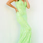 Jovani 3263 neon green evening gown is a long Fitted Mermaid Prom Dress with a damask print sequin embellished pattern. Plunging V Neckline and open V Back. Lush Trumpet Skirt is great for the stage in this formal evening gown & Pageant Dress.