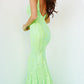 Jovani 3263 neon green evening gown is a long Fitted Mermaid Prom Dress with a damask print sequin embellished pattern. Plunging V Neckline and open V Back. Lush Trumpet Skirt is great for the stage in this formal evening gown & Pageant Dress.