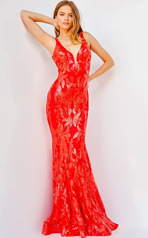 Jovani 3263 is a long Red Fitted Mermaid Prom Dress with a damask print sequin embellished pattern. Plunging V Neckline and open V Back. Lush Trumpet Skirt is great for the stage in this formal evening gown & Pageant Dress.