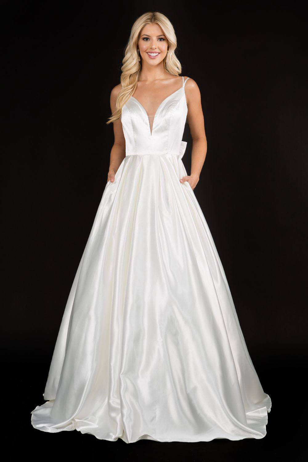 Nina Canacci 6549 Satin bow in back long A line wedding dress bridal gown with plunging v neckline and spaghetti straps Color; Ivory  Sizes  8, 10, 12, 14, 16, 18, 20, 22, 24