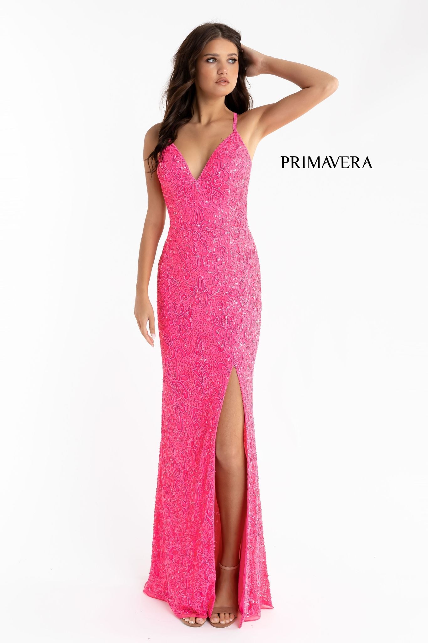 Primavera Couture 3295 Size 0 & 6 Neon Coral Prom Dress V Neckline Sequins Backless Slit Formal Evening Gown
