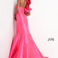 JVN00650 One shoulder statement ruffle evening gown with long mermaid skirt and semi chapel train. Princess seams create a slimming effect for your next prom, pageant or special event.  In Ivory, this would make an excellent wedding dress.  Colors;  Fuchsia, Ivory  Sizes:  00, 0, 2, 4, 6, 8, 10, 12, 14, 16, 18, 20, 22, 24   JVN by Jovani 00650