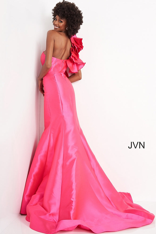 JVN00650 One shoulder statement ruffle evening gown with long mermaid skirt and semi chapel train. Princess seams create a slimming effect for your next prom, pageant or special event.  In Ivory, this would make an excellent wedding dress.  Colors;  Fuchsia, Ivory  Sizes:  00, 0, 2, 4, 6, 8, 10, 12, 14, 16, 18, 20, 22, 24   JVN by Jovani 00650
