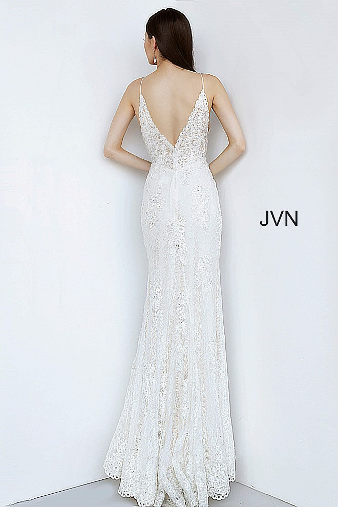 JVN00864 sheer lace v back with spaghetti straps and fully embellished trim is scalloped eyelash lace hem 