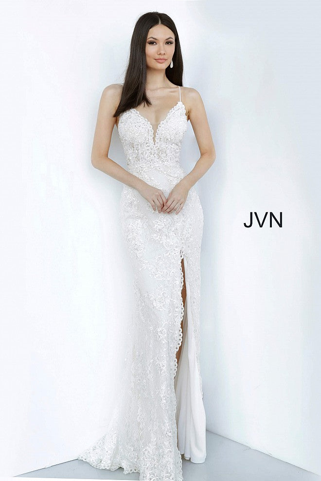 JVN00864 plunging v neckline embellished wedding dress fitted with scalloped eyelash lace hem and side slit in ivory 