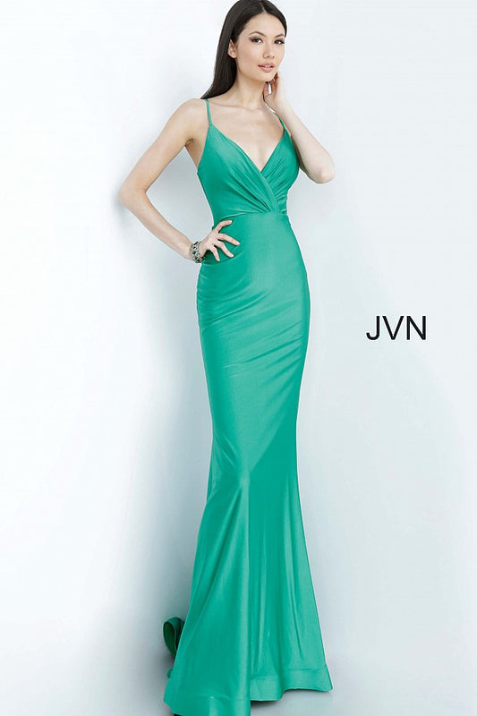 JVN00904 Stretch “bathing suit” prom dress, form fitting silhouette, high waist floor length skirt with sweeping train, spaghetti strap ruched bodice, V neckline, criss cross ruched back.