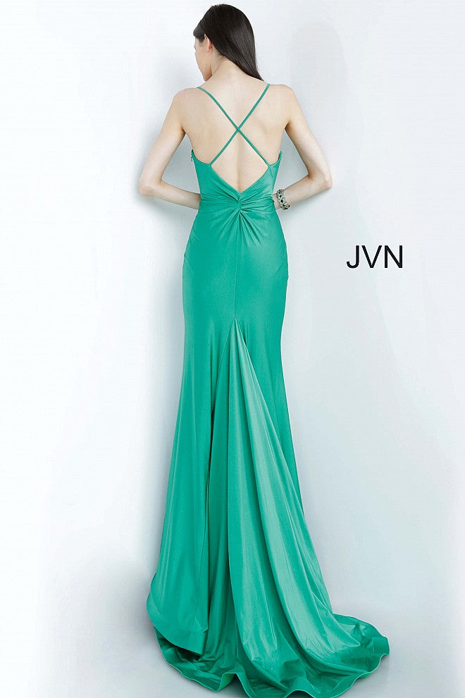 JVN00904 Stretch “bathing suit” prom dress, form fitting silhouette, high waist floor length skirt with sweeping train, spaghetti strap ruched bodice, V neckline, criss cross ruched back.