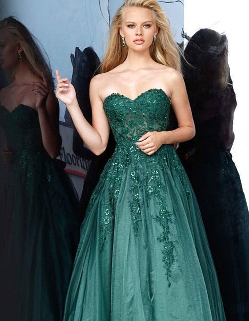 JVN00915 Emerald Floor length prom ballgown, embroidered illusion bodice, strapless sweetheart neckline.