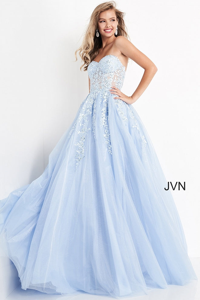 Jovani JVN 00915 is a long Ball Gown Prom Dress. Featuring a sheer Embroidered Bodice with a sweetheart neckline with embellishments. Embroidering and accents cascade down the skirt.   Available Colors: blush, emerald, light-blue, navy