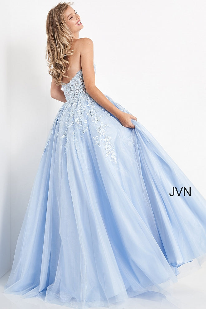 Jovani JVN 00915 is a long Ball Gown Prom Dress. Featuring a sheer Embroidered Bodice with a sweetheart neckline with embellishments. Embroidering and accents cascade down the skirt.   Available Colors: blush, emerald, light-blue, navy